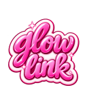 GlowLink logo in bright pink script, with glow above link and a soft white cushion outline